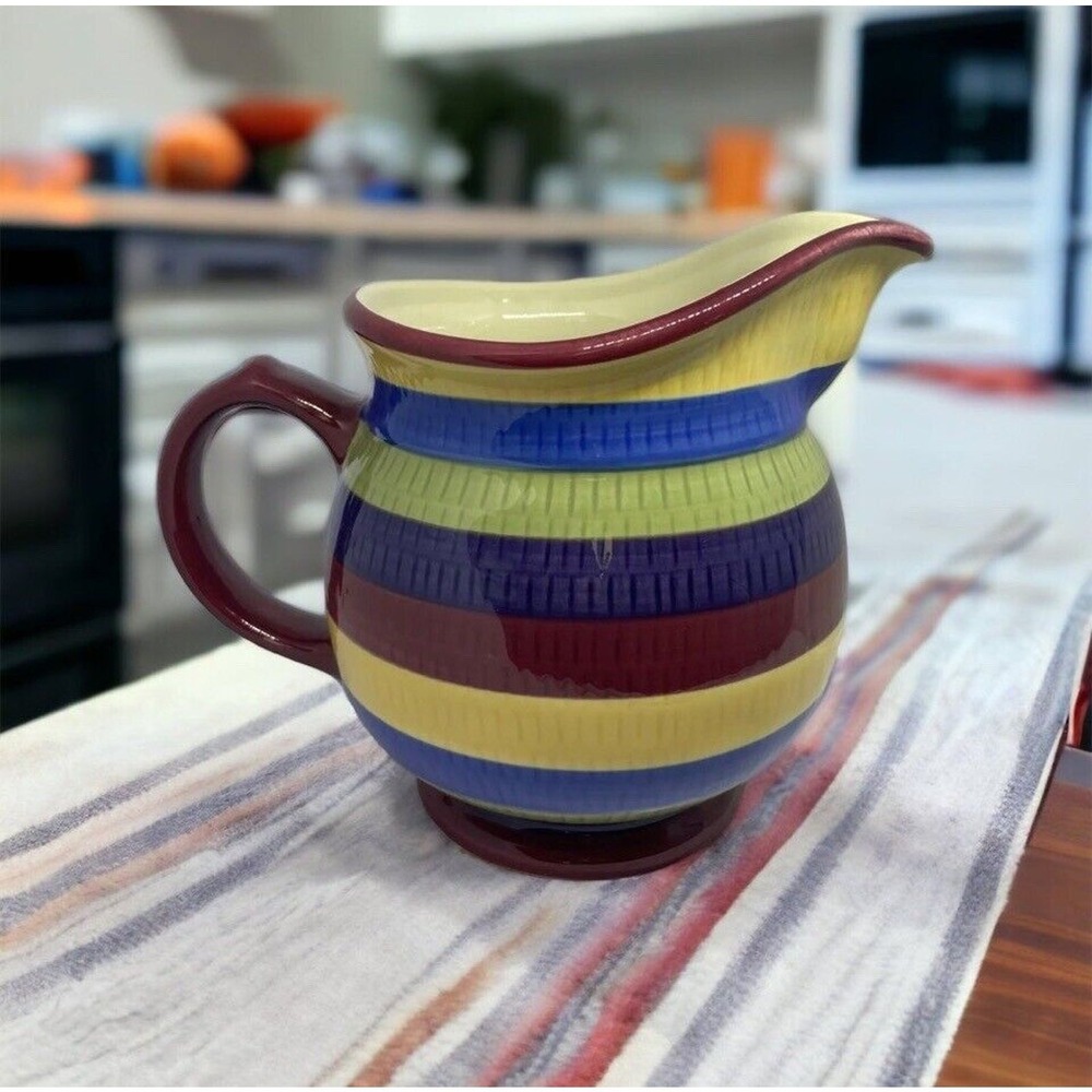 Longaberger Cabana Pottery Pitcher 2 Qt Multi-Color Striped Ceramic